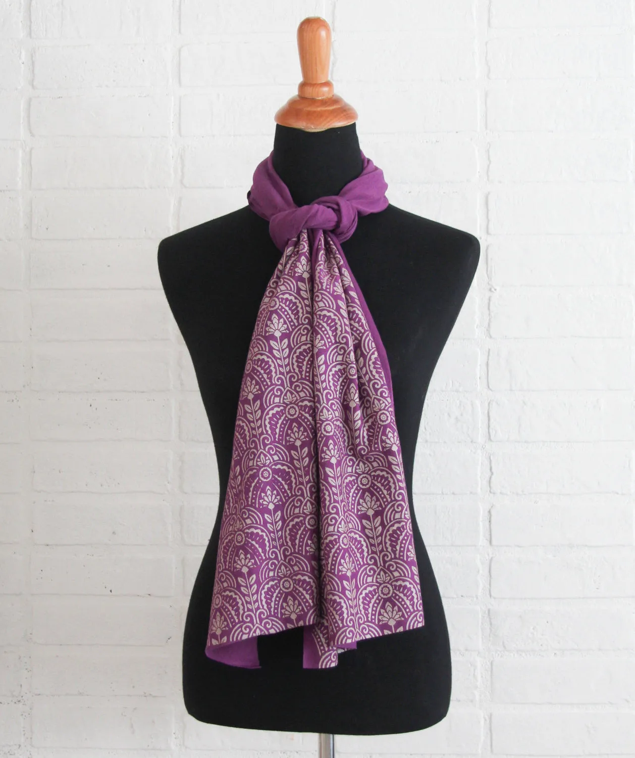 Hand-Printed Scarf - Purple and Gold Deco Pattern - Handmade Scarf - Eco-Friendly Bamboo Scarf