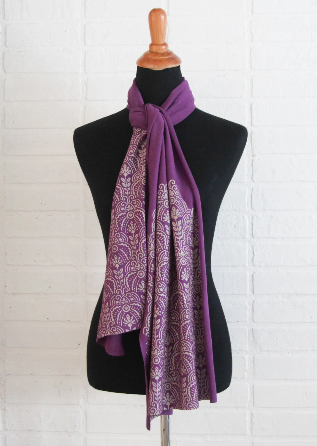 Hand-Printed Scarf - Purple and Gold Deco Pattern - Handmade Scarf - Eco-Friendly Bamboo Scarf