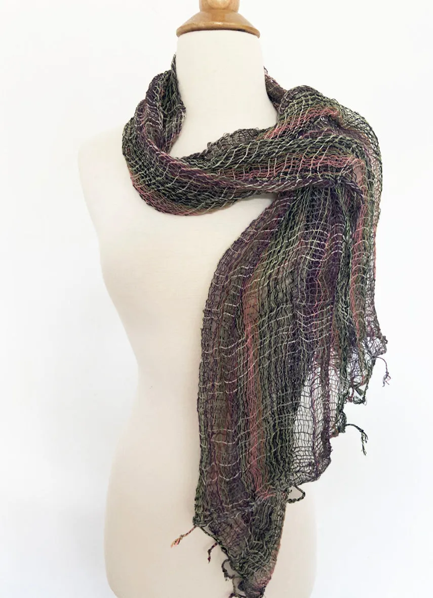 Handwoven Open Weave Cotton Scarf - Plum Green Multi