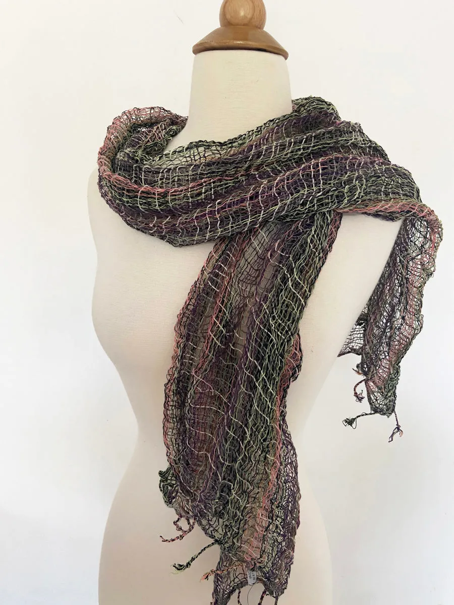 Handwoven Open Weave Cotton Scarf - Plum Green Multi