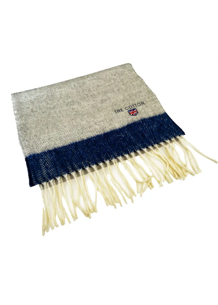 Herringbone Lambswool Fringe Scarf Gray & Navy Blue