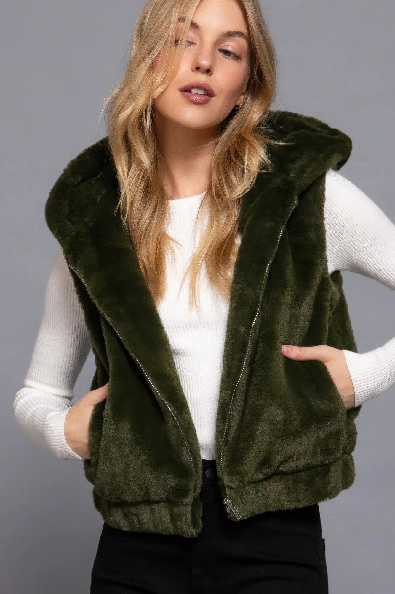 Hot Girl Frostee Faux Fur Hooded Vest In Olive