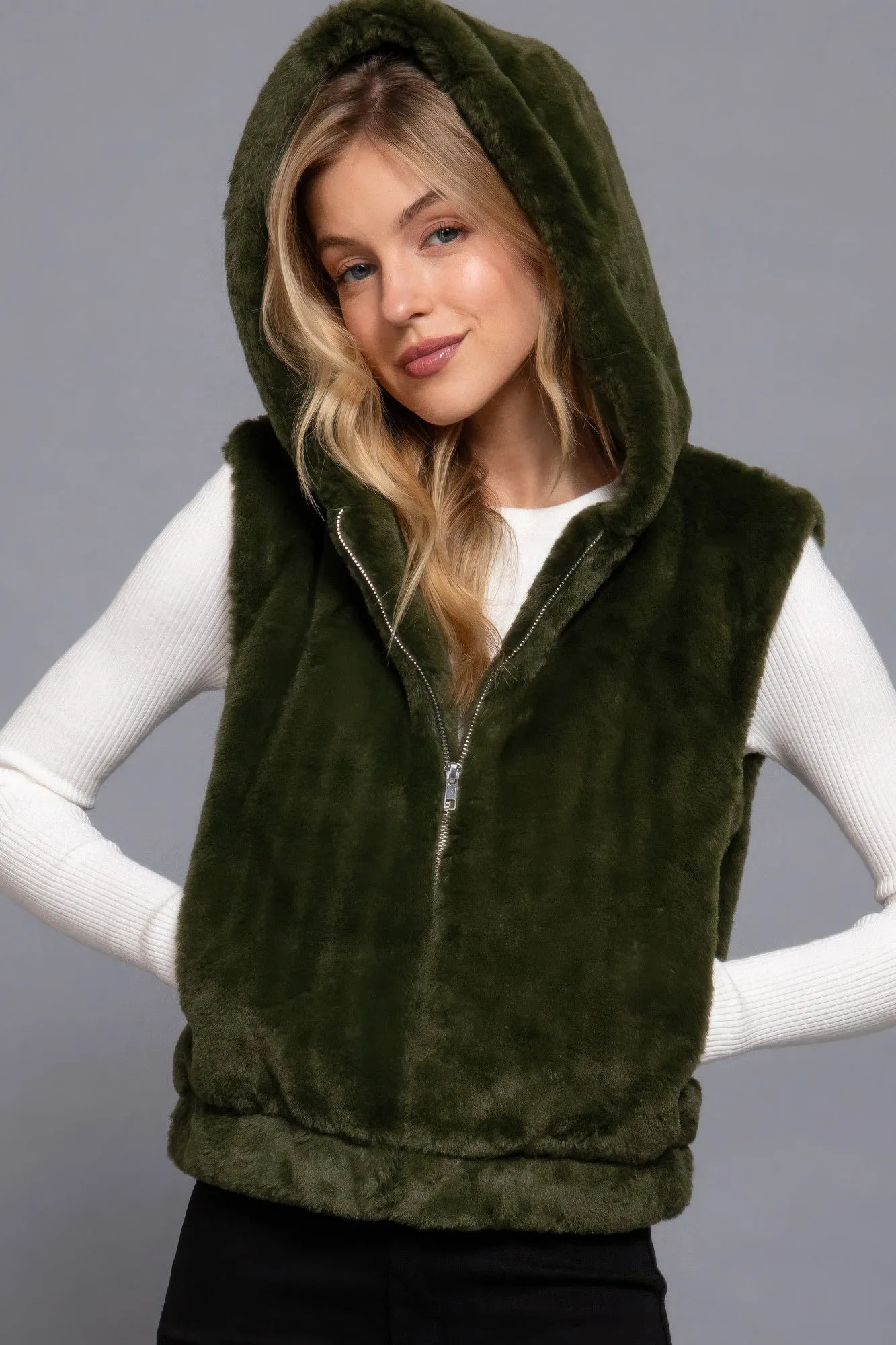 Hot Girl Frostee Faux Fur Hooded Vest In Olive