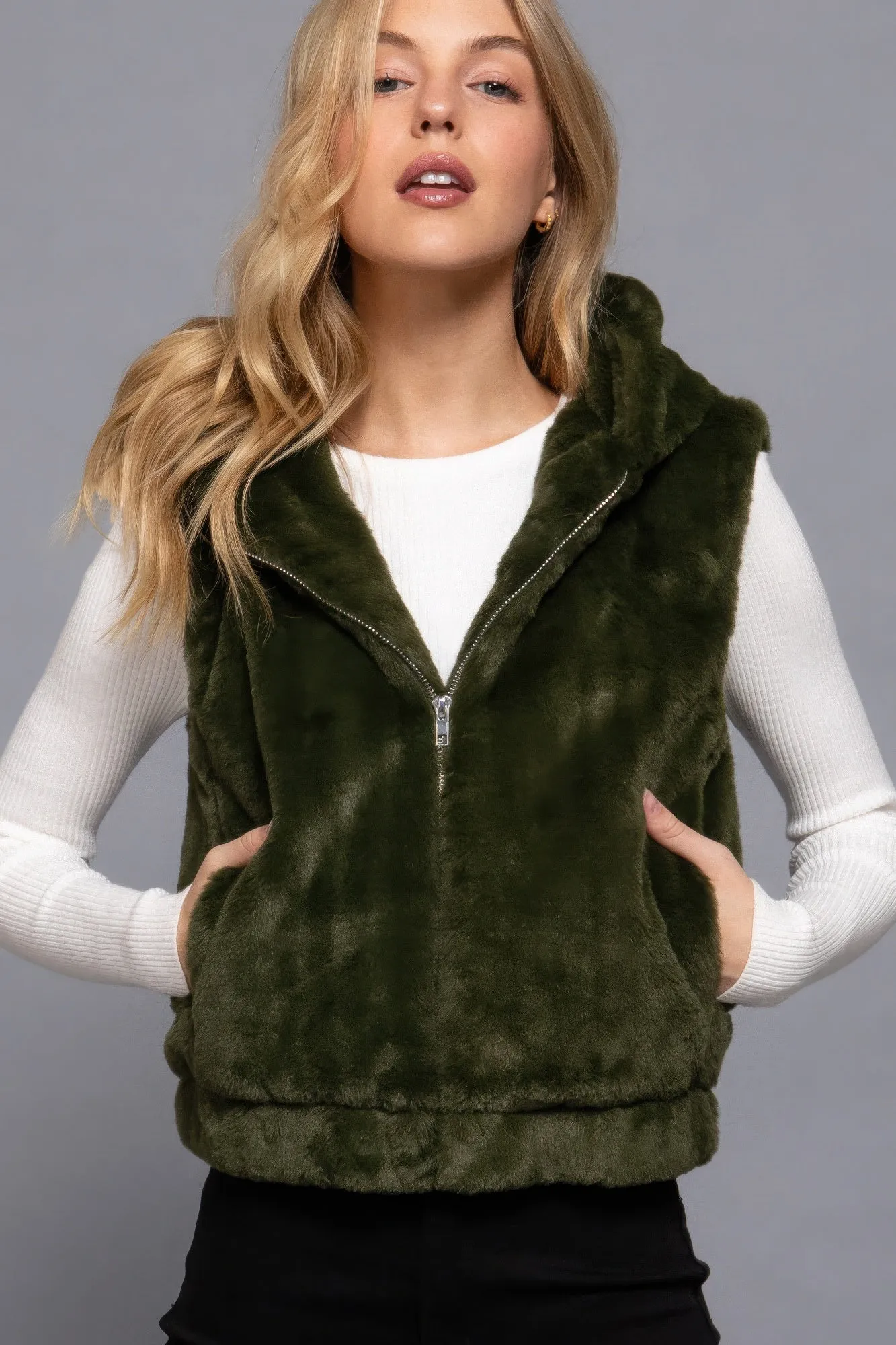 Hot Girl Frostee Faux Fur Hooded Vest In Olive