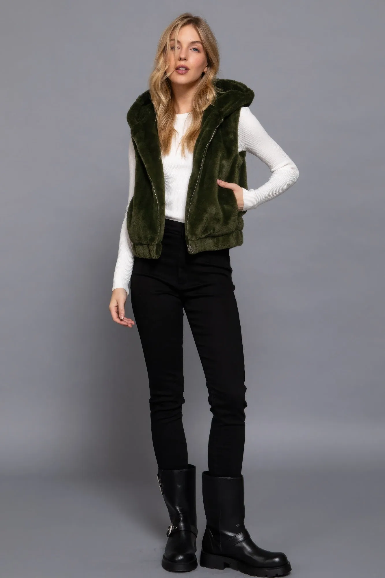 Hot Girl Frostee Faux Fur Hooded Vest In Olive