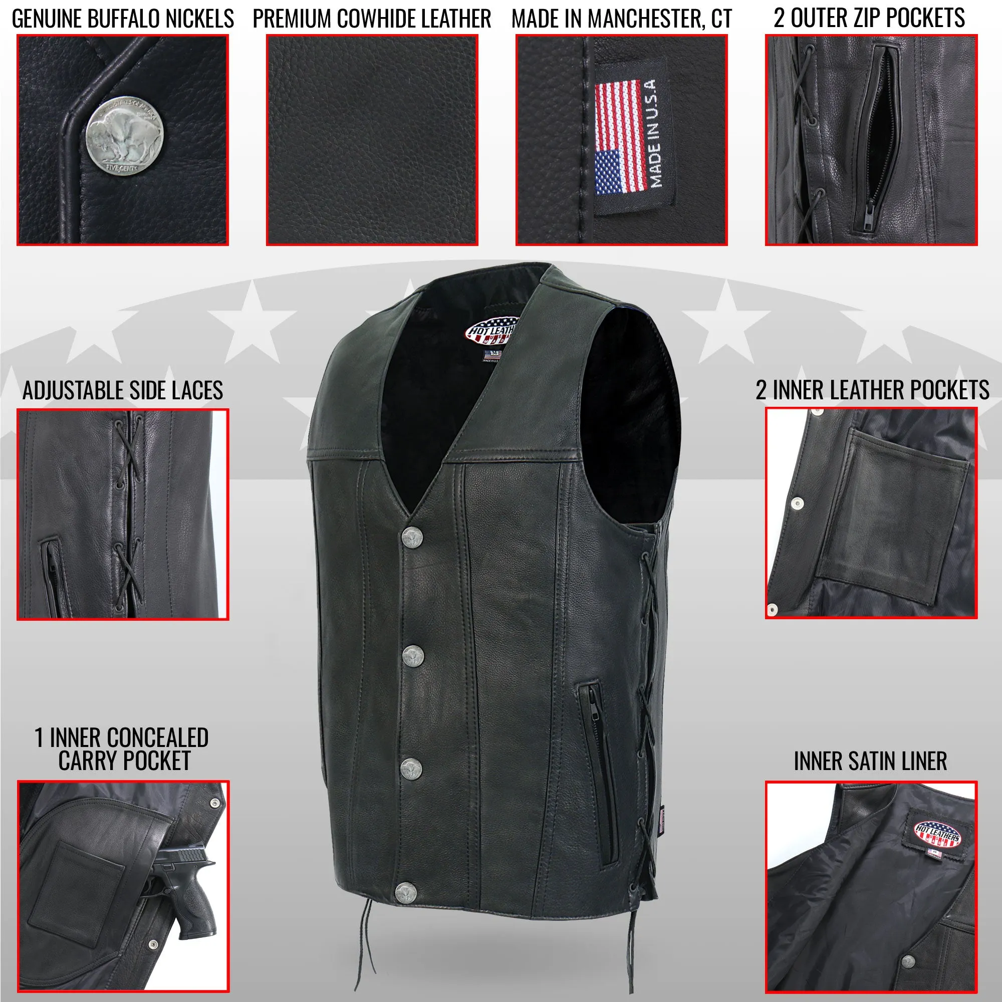 Hot Leathers VSM5005 Men's USA Made Buffalo Nickel Snap Premium Leather Motorcycle Biker Vest