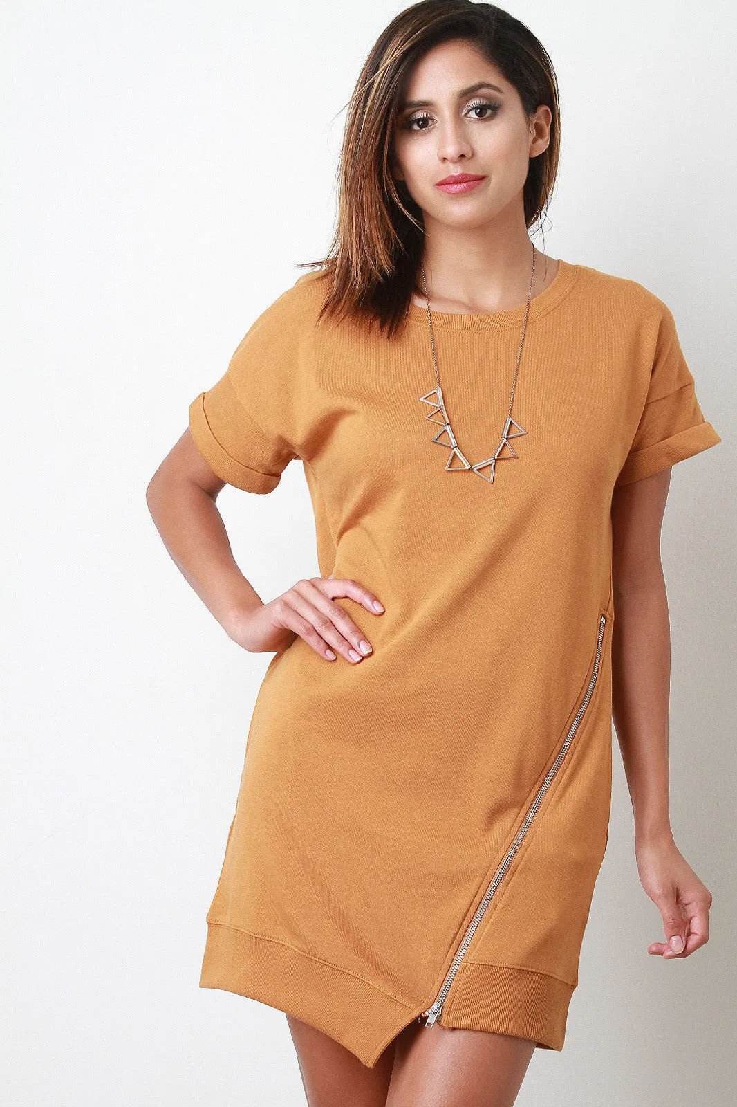 Knit Asymmetrical Zipper Shift Dress