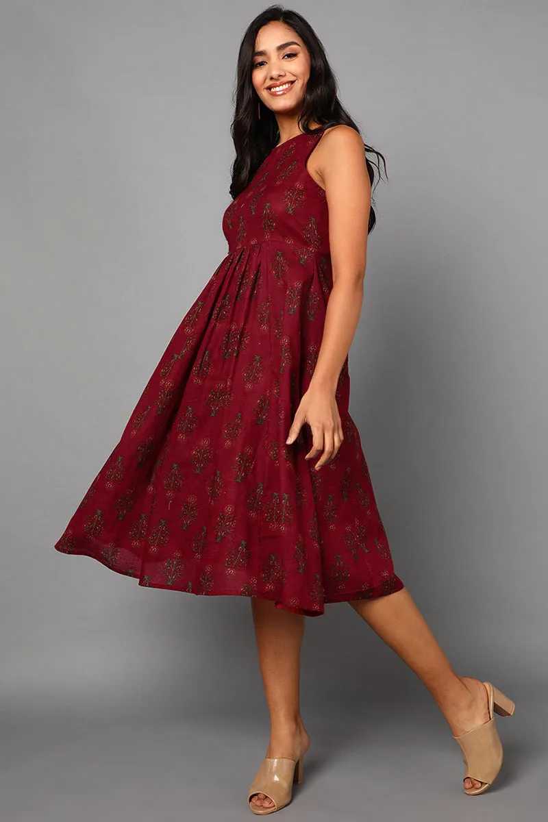 Maroon Cotton Ethnic Motifs Midi Dress