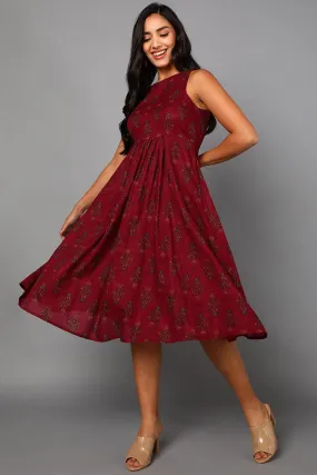 Maroon Cotton Ethnic Motifs Midi Dress