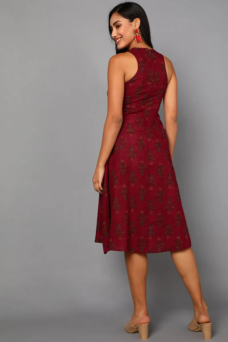 Maroon Cotton Ethnic Motifs Midi Dress