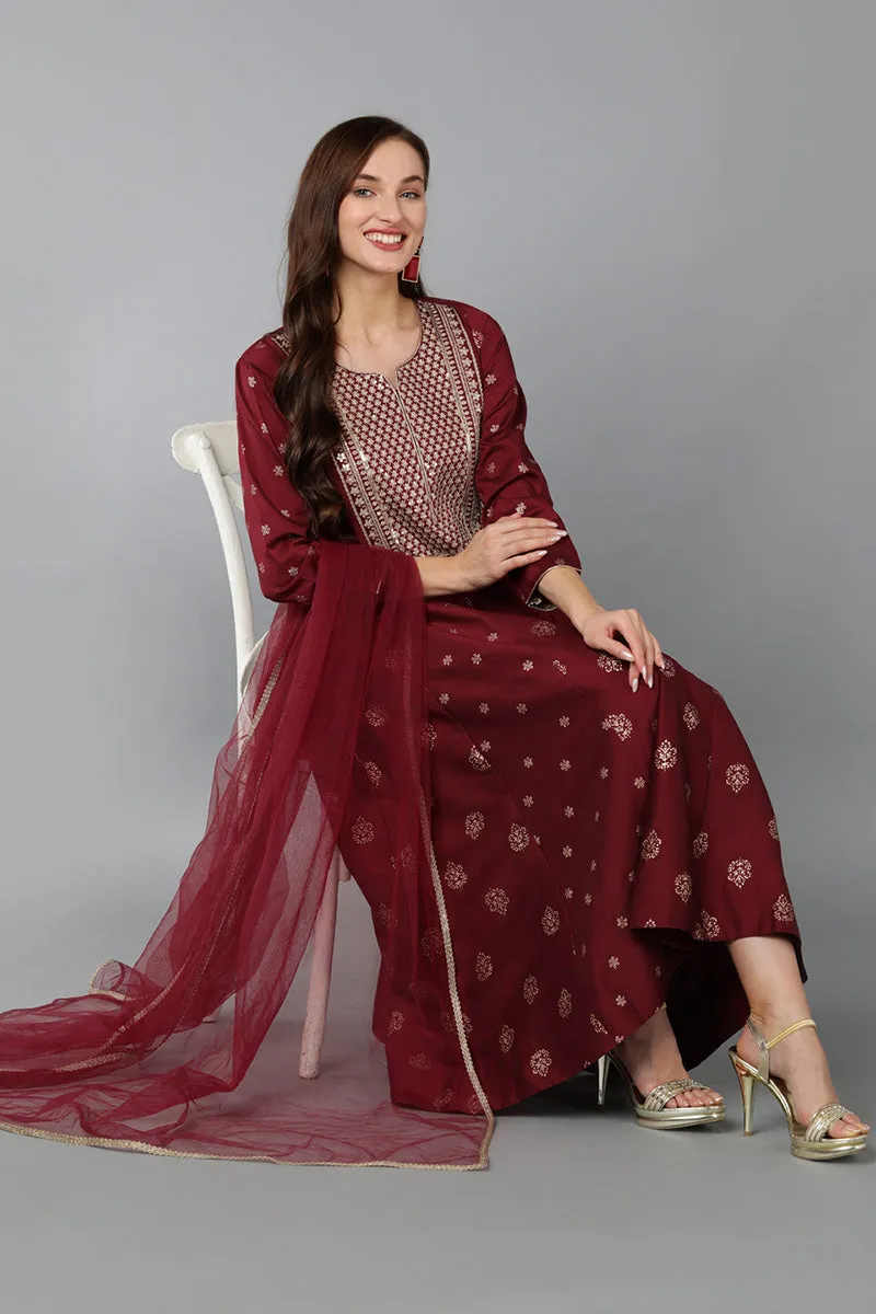 Maroon Silk Blend Woven Design Anarkali Suit Set