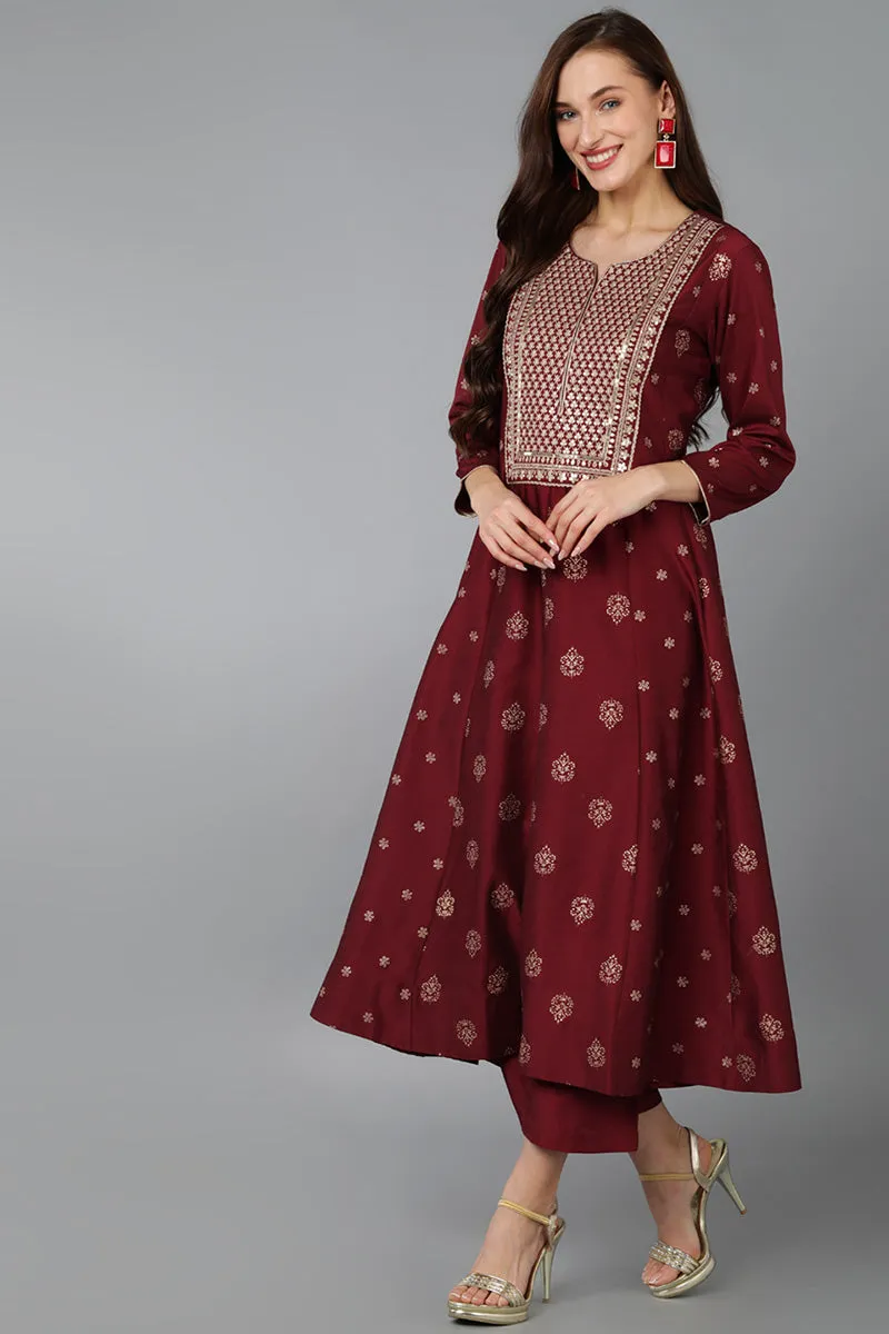 Maroon Silk Blend Woven Design Anarkali Suit Set