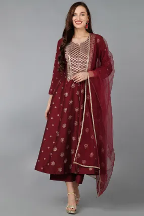 Maroon Silk Blend Woven Design Anarkali Suit Set