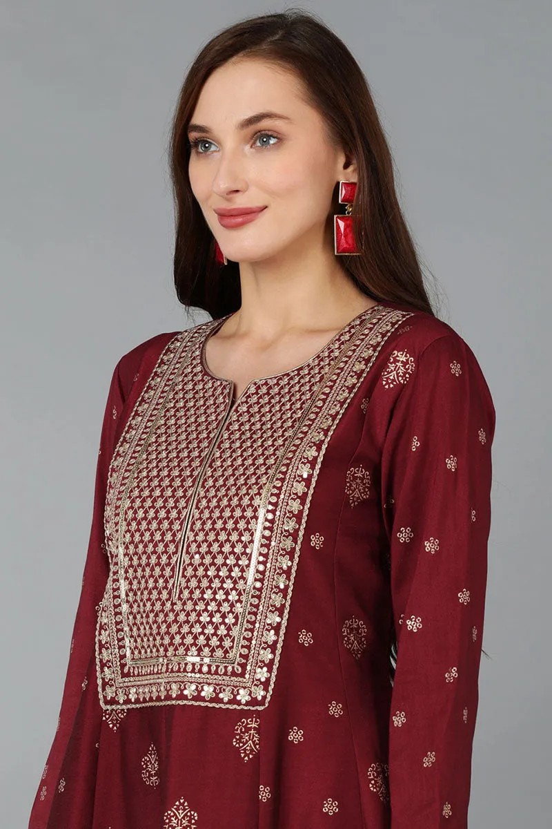 Maroon Silk Blend Woven Design Anarkali Suit Set