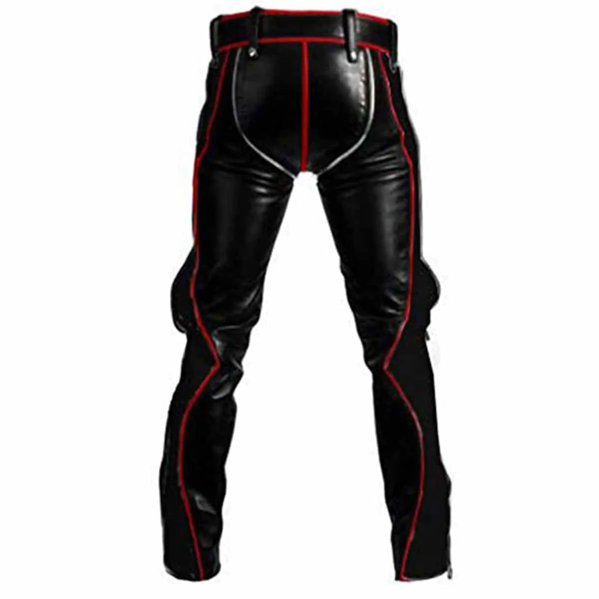 Men Black Leather with Red Piping Pants Heavy Duty Bondage Jeans - R2-RP