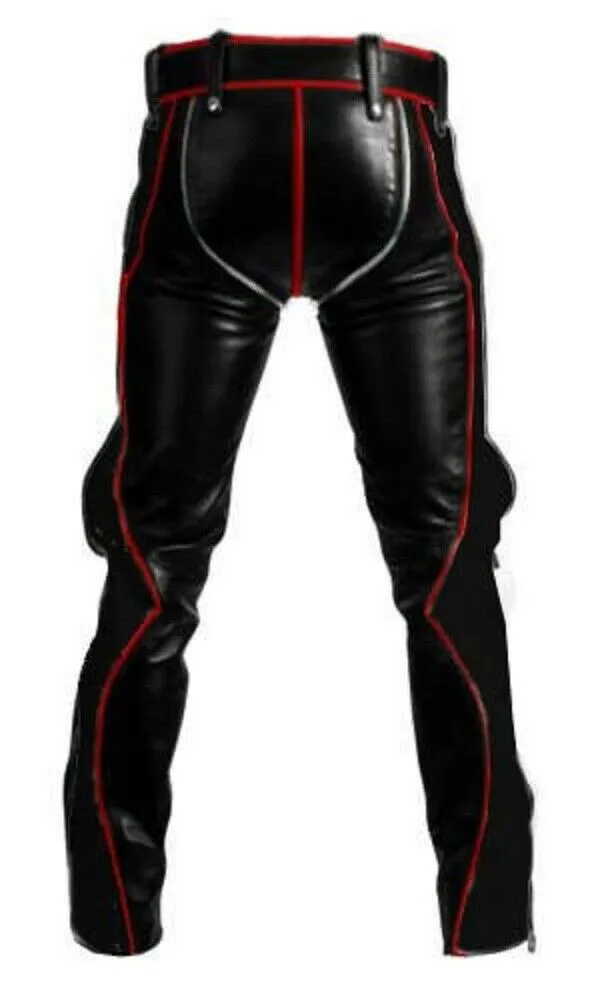 Men Black Leather with Red Piping Pants Heavy Duty Bondage Jeans - R2-RP