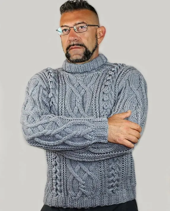 Men's handmade woolen cabled knitwear fashionable sweater