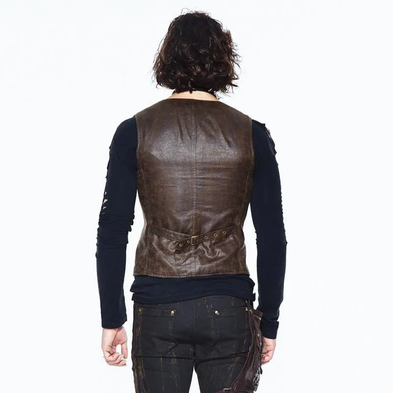 Men's Leather Trimmed Military Style Punk Vest