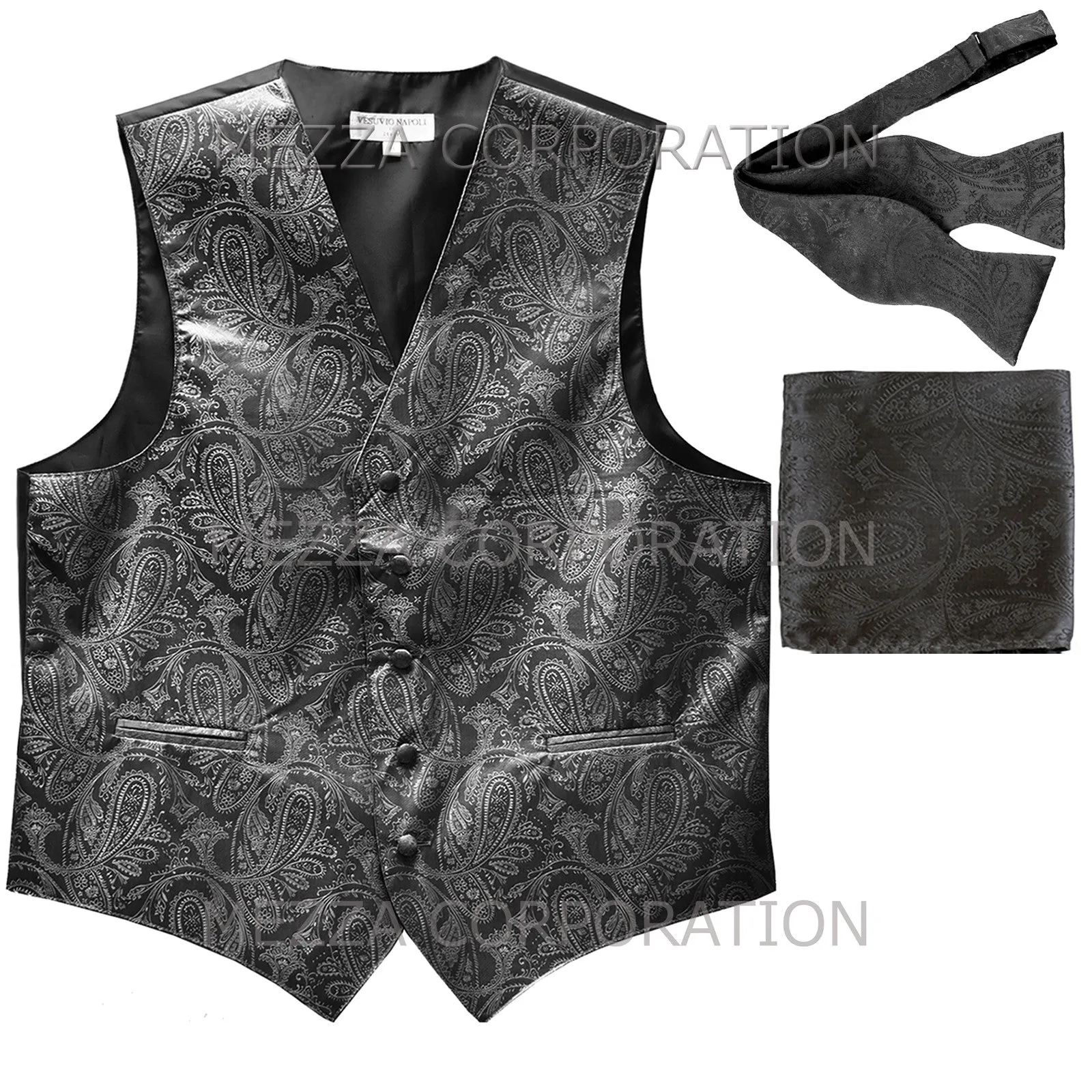 Men's paisley Tuxedo VEST Waistcoat_self tie bowtie & hankie set dark gray