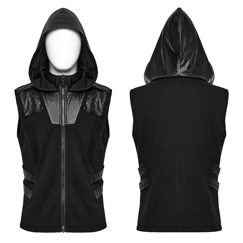 Men's Punk Mesh Splice Faux Leather Vest with Hood