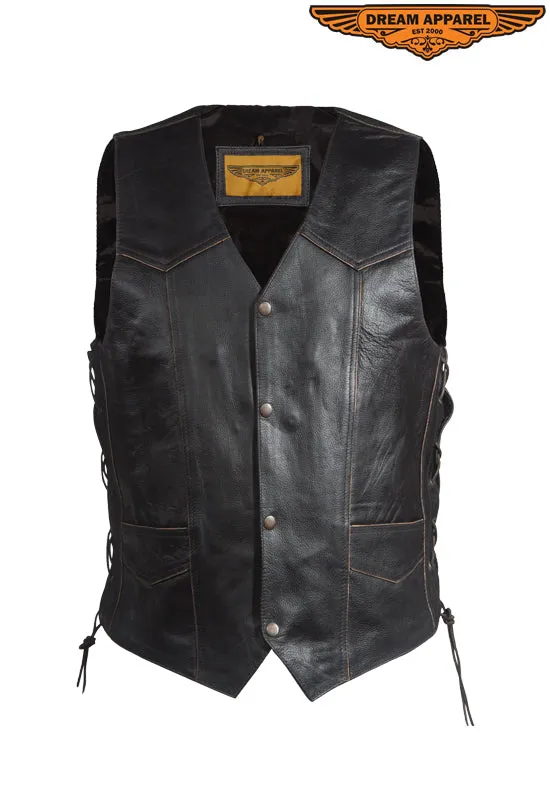 Mens Retro Black Leather Vest With USA Eagle Embossed