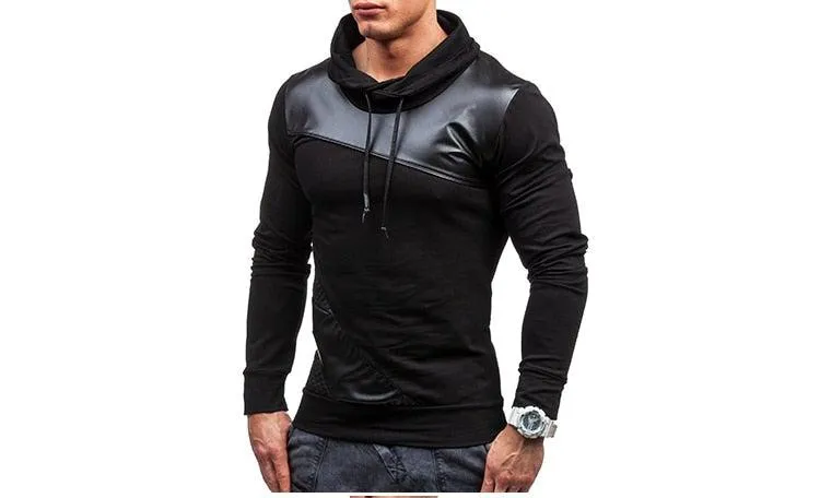 Men's Turtleneck Patch Leather Long Sleeve T Shirt