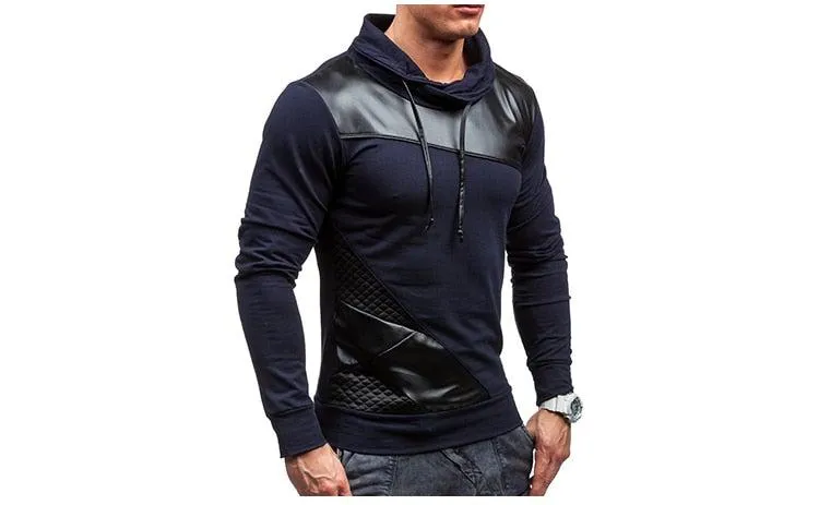 Men's Turtleneck Patch Leather Long Sleeve T Shirt