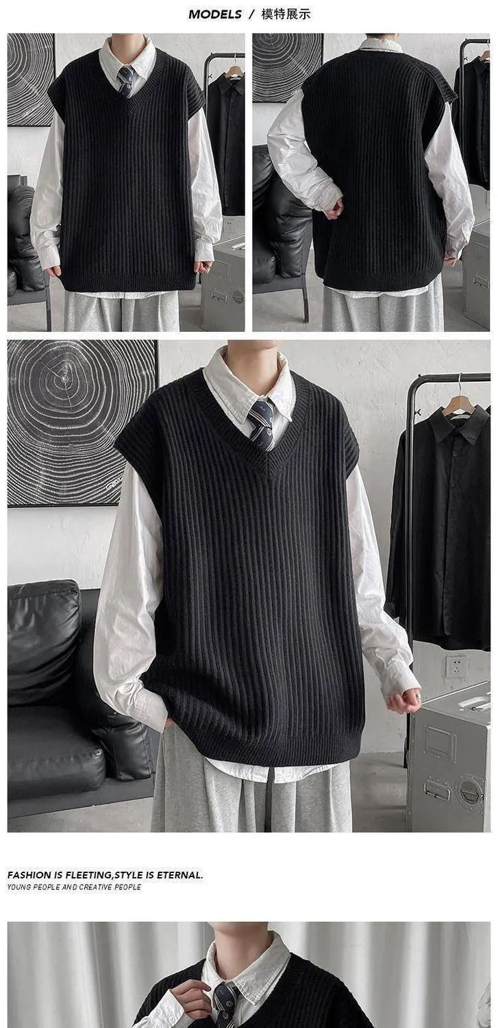 Men's V-neck Sweater Plus Size Vest Knitted Autumn And Winter College Style Waistcoat Vest Coat