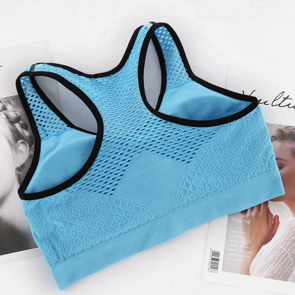 Mesh Sports Bra Hollow Out Sport Top Seamless Fitness Yoga Bras Women Gym Top Padded Running Vest Shockproof Push Up Crop Top