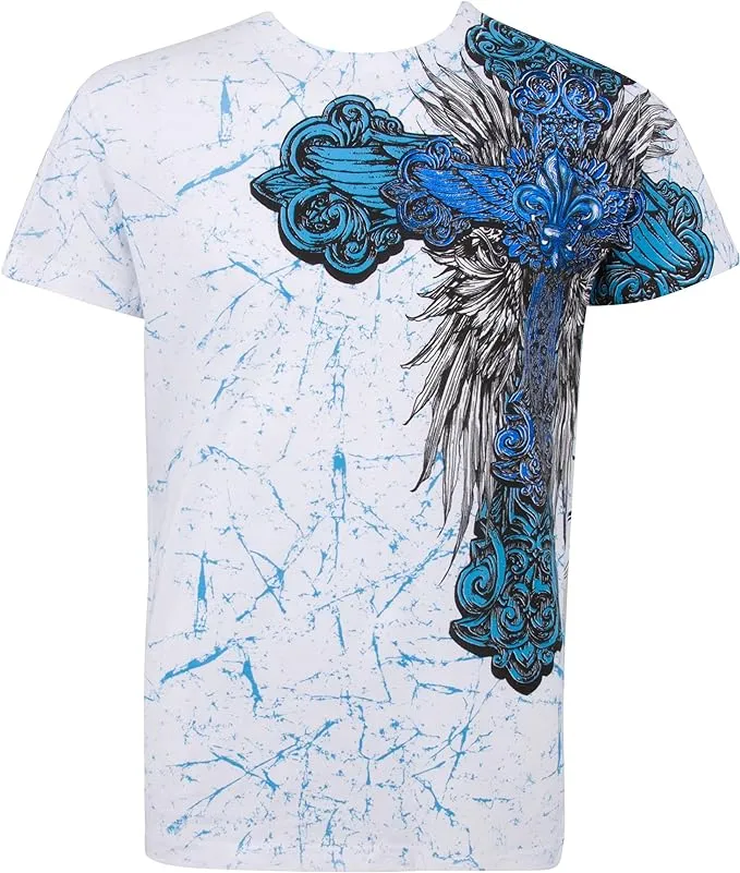 Metallic Blue Cross Short Sleeve Crew Neck Cotton Mens Fashion T-Shirt