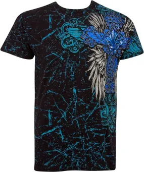 Metallic Blue Cross Short Sleeve Crew Neck Cotton Mens Fashion T-Shirt