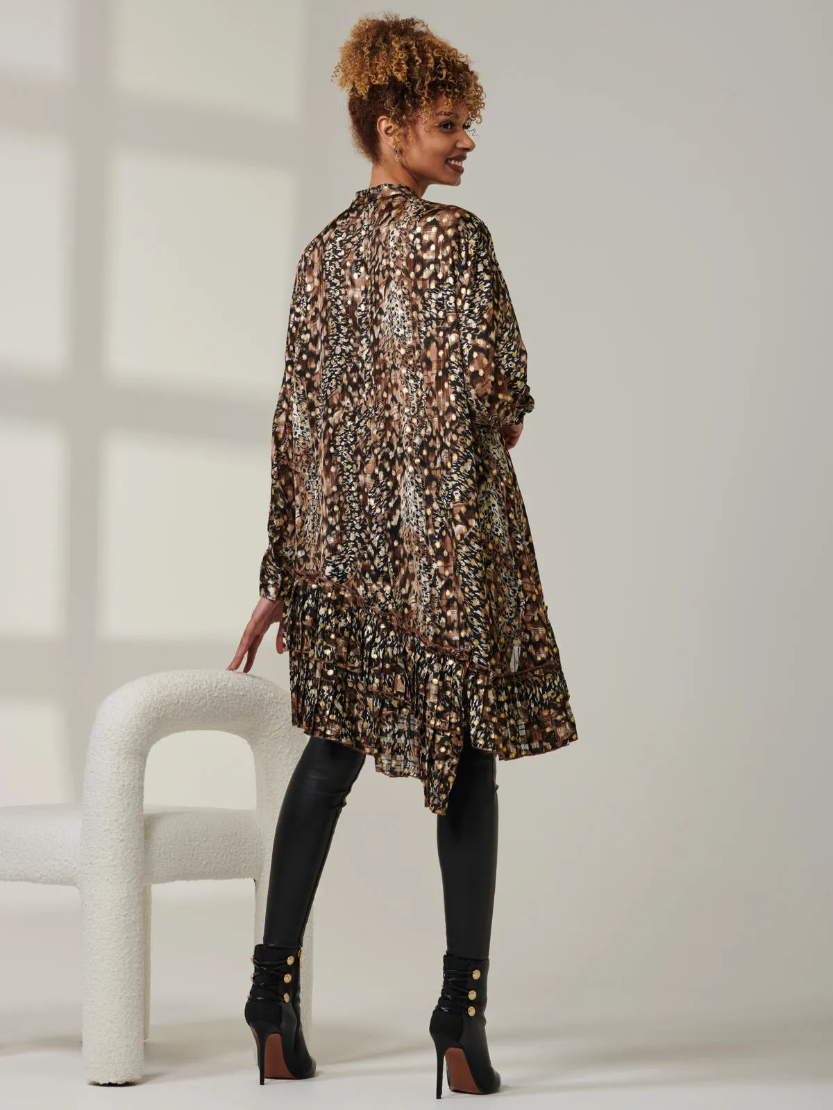 Metallic Dot Asymmetric Hem Shirt, Animal Multi