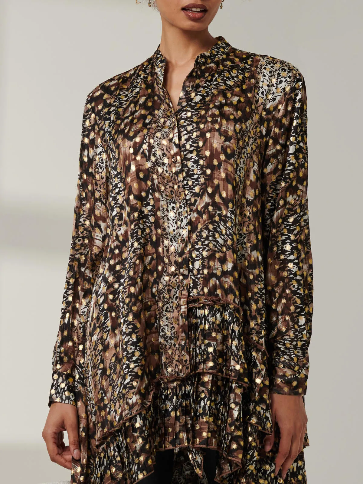 Metallic Dot Asymmetric Hem Shirt, Animal Multi