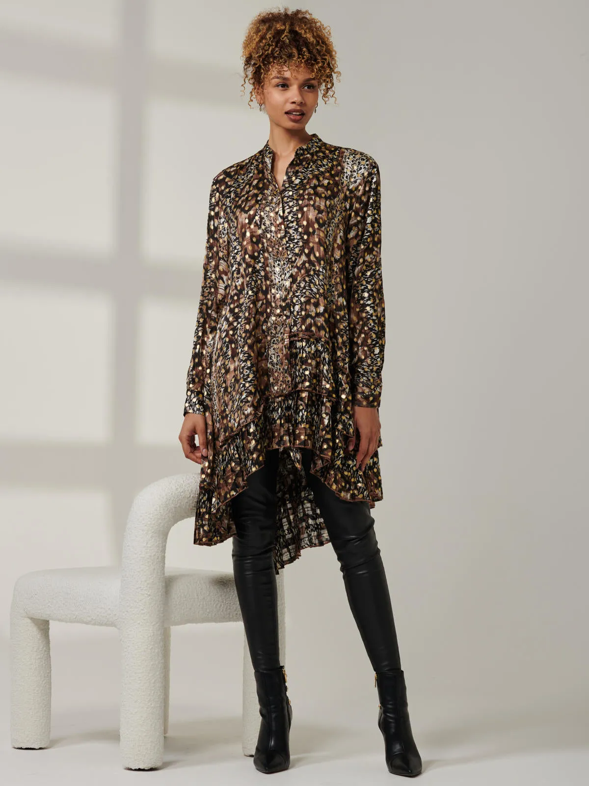 Metallic Dot Asymmetric Hem Shirt, Animal Multi