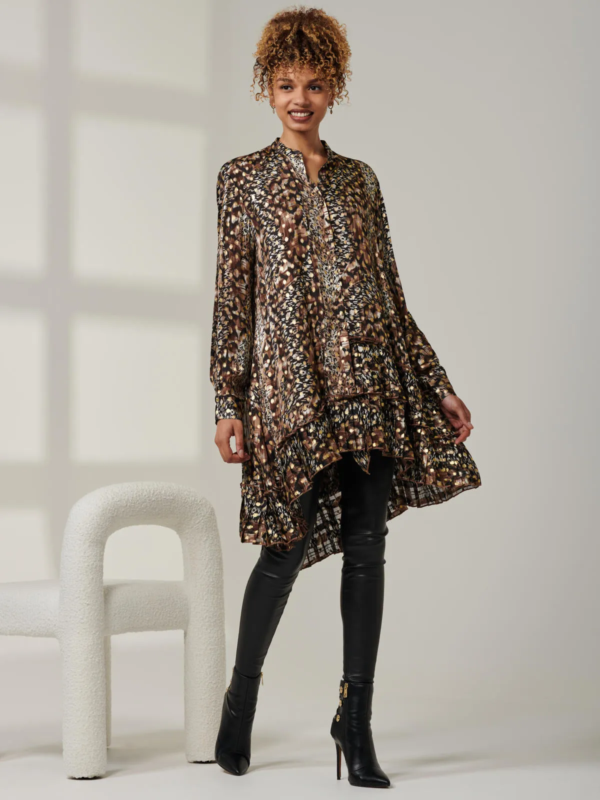 Metallic Dot Asymmetric Hem Shirt, Animal Multi