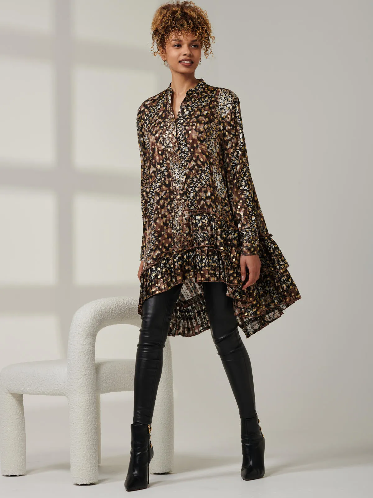 Metallic Dot Asymmetric Hem Shirt, Animal Multi