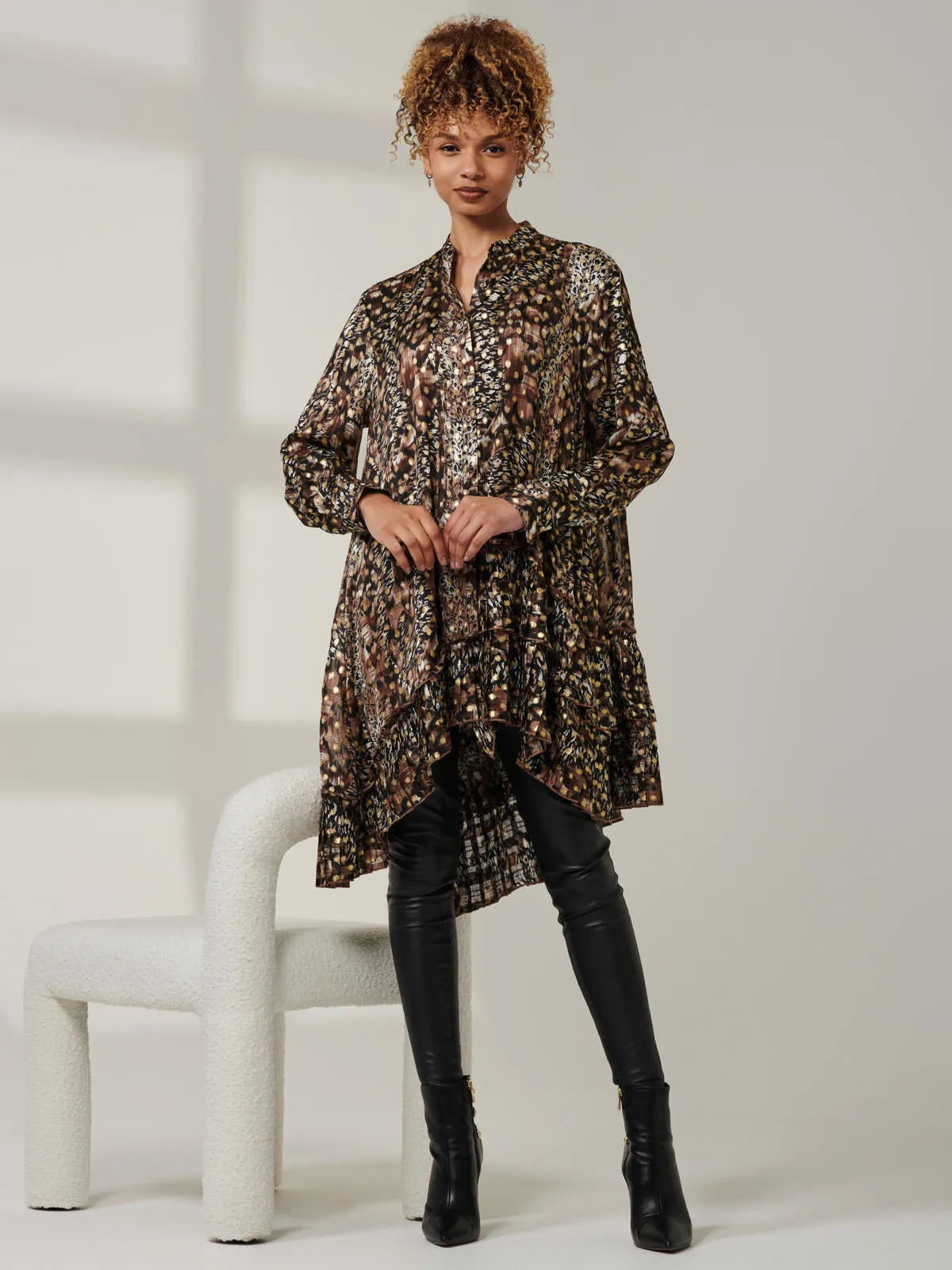 Metallic Dot Asymmetric Hem Shirt, Animal Multi