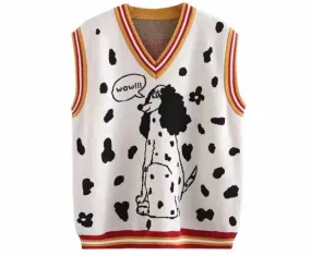 Metaversmall Women's Cartoon Dog Embroidery Knitted Sweaters Sleeveless Vest  Winter Warm V-Neck Female Jumpers Pullovers