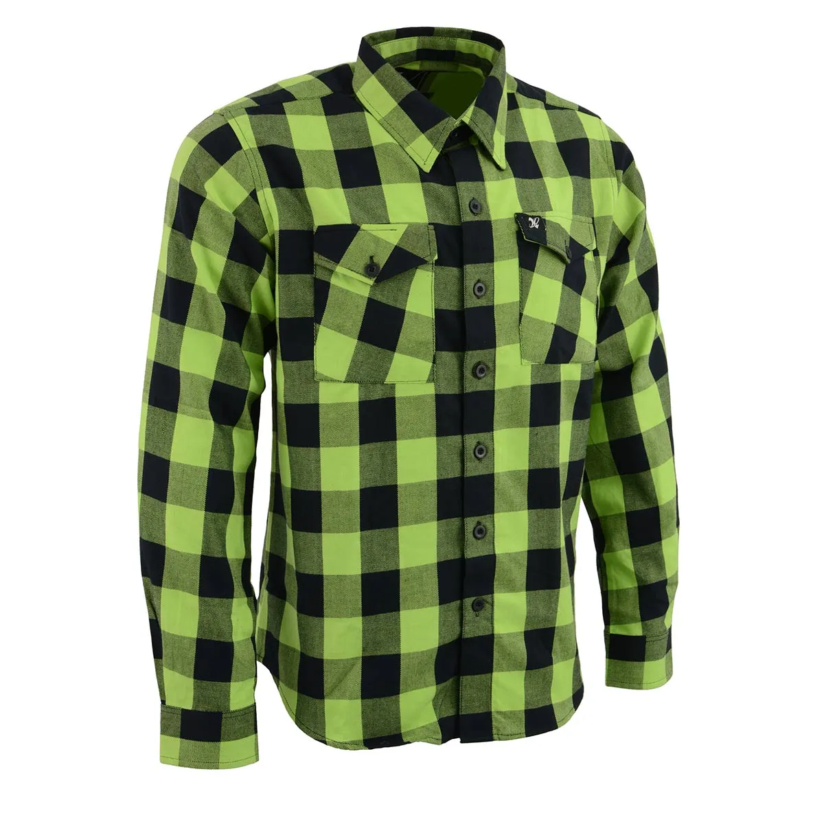 Milwaukee Leather Men's Flannel Plaid Shirt Black and Neon Green Long