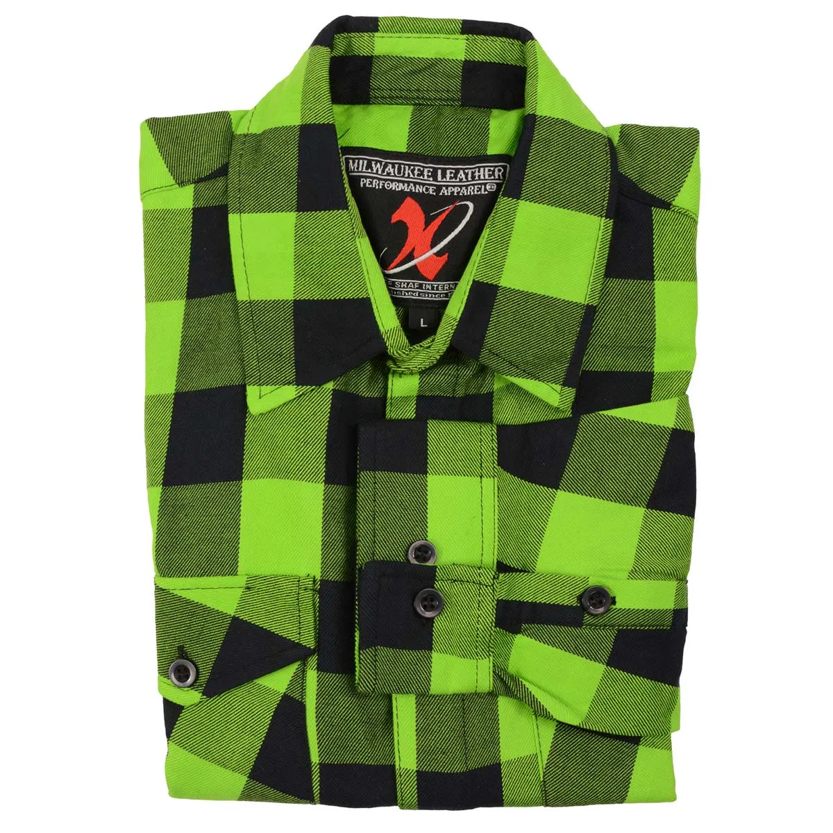 Milwaukee Leather Men's Flannel Plaid Shirt Black and Neon Green Long