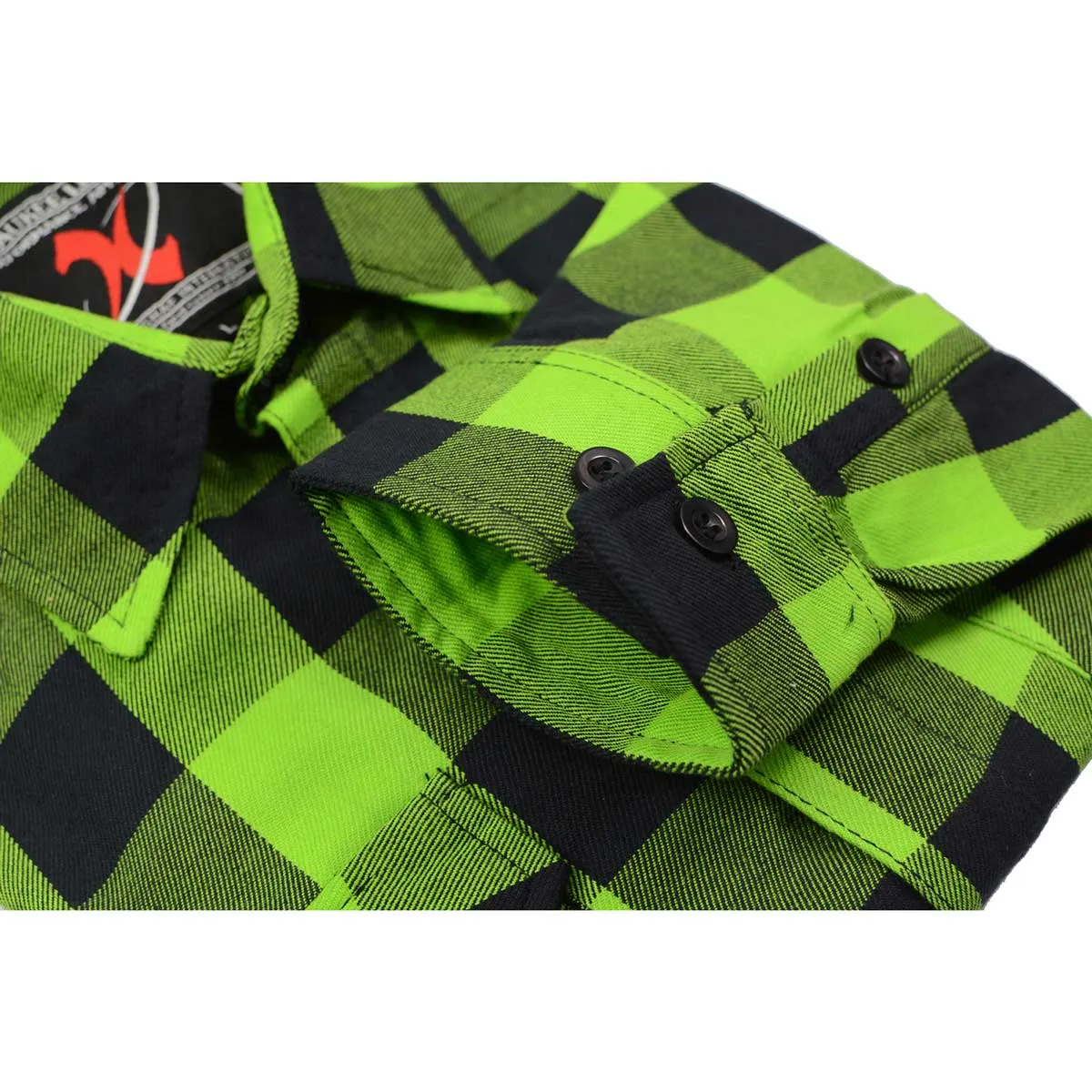 Milwaukee Leather Men's Flannel Plaid Shirt Black and Neon Green Long