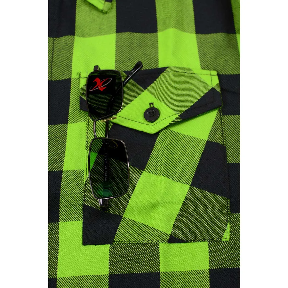 Milwaukee Leather Men's Flannel Plaid Shirt Black and Neon Green Long