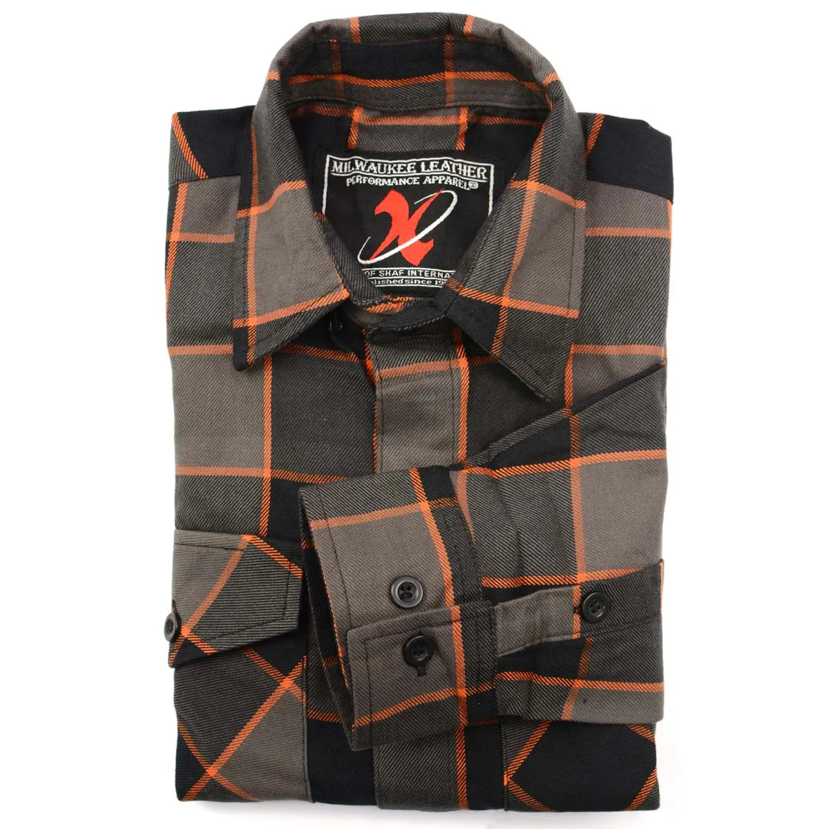 Milwaukee Leather MNG11648 Men's Grey with Brown and Orange Long Sleeve Cotton Flannel Shirt