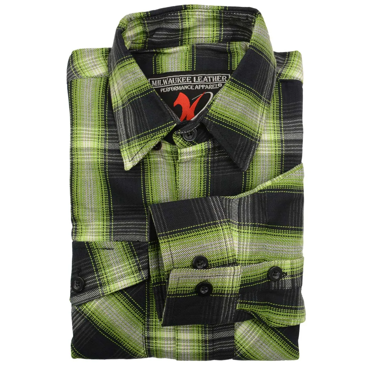 Milwaukee Leather MNG11657 Men's Black and Green with White Long Sleeve Cotton Flannel Shirt