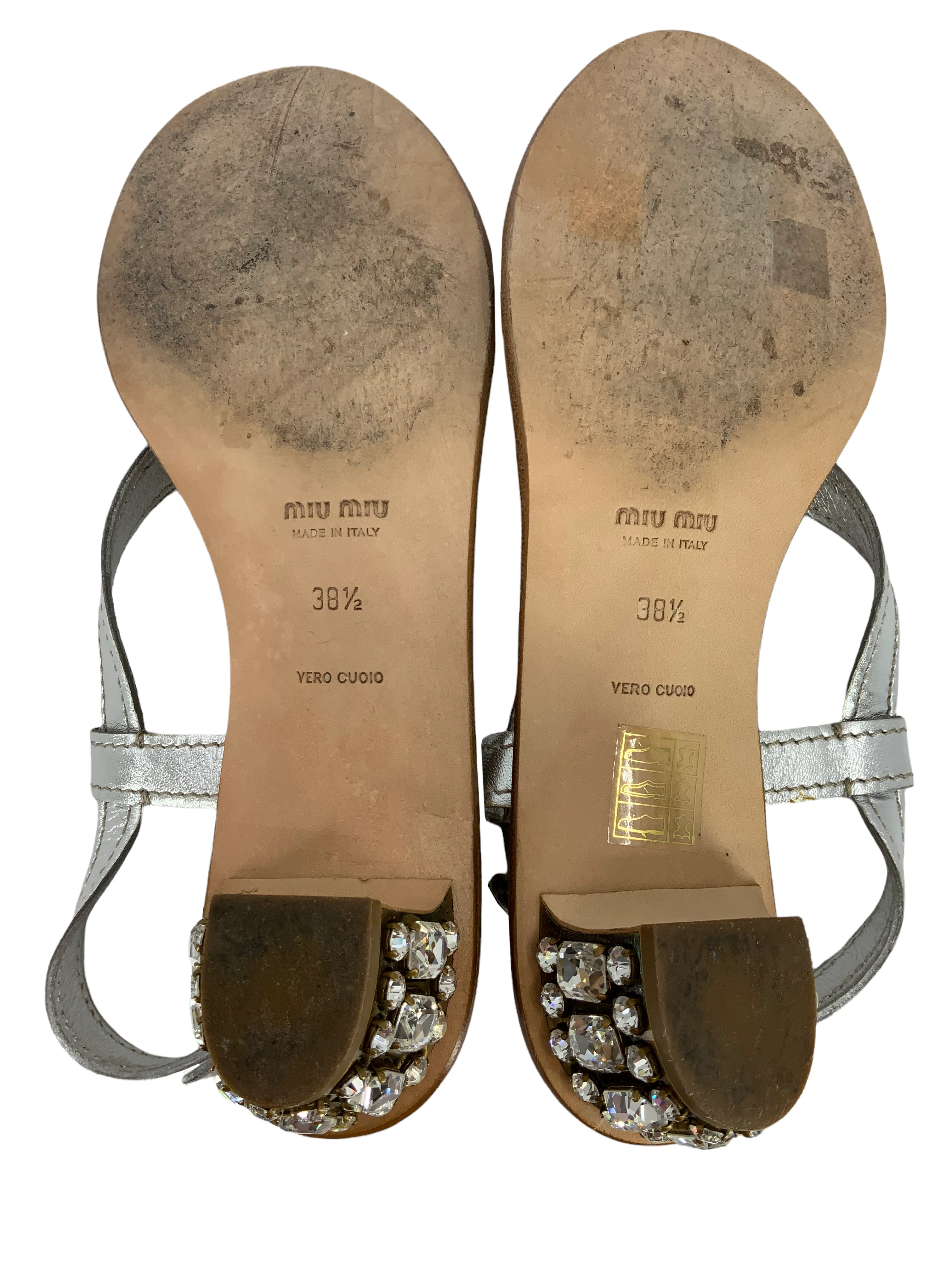 Miu Miu Leather Jeweled Heel Thong Sandals Size 8.5