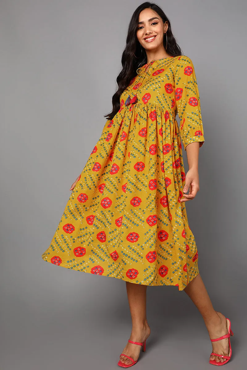 Mustard Cotton Bandhani Midi Dress