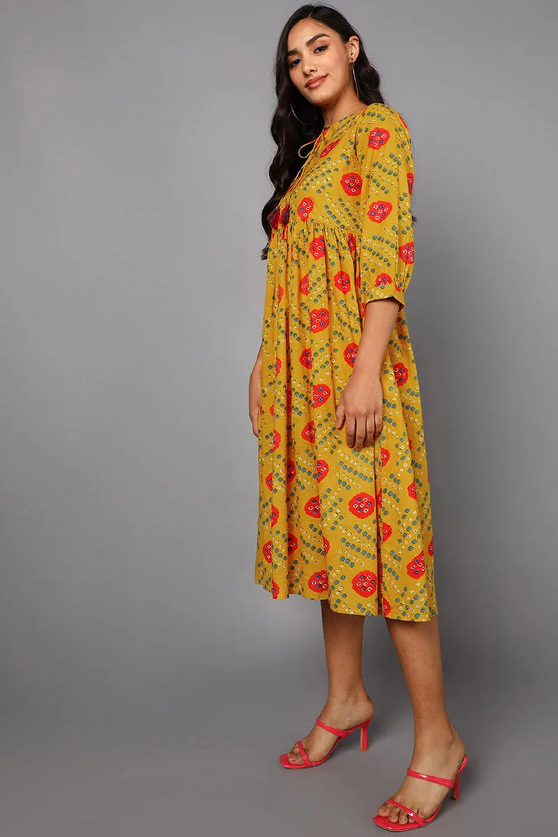 Mustard Cotton Bandhani Midi Dress