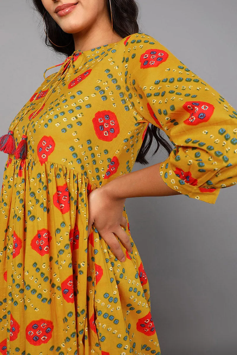 Mustard Cotton Bandhani Midi Dress