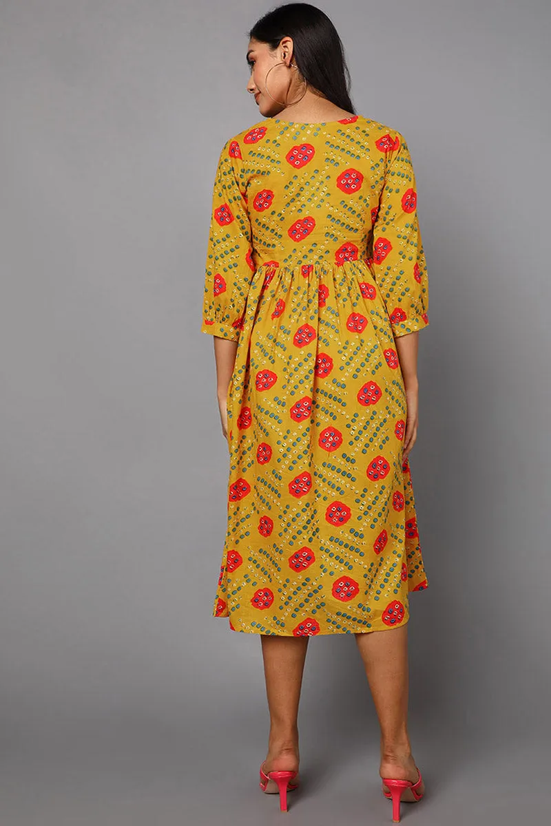 Mustard Cotton Bandhani Midi Dress