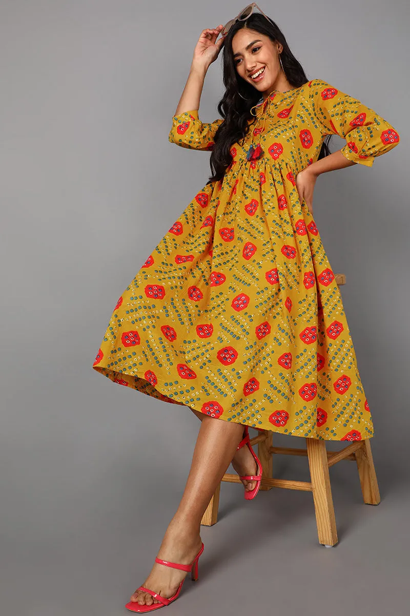 Mustard Cotton Bandhani Midi Dress